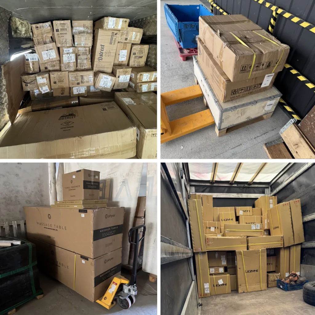 Parcels at the warehouse ready to be sent to clients. Orders at the warehouse waiting for loading and shipping.